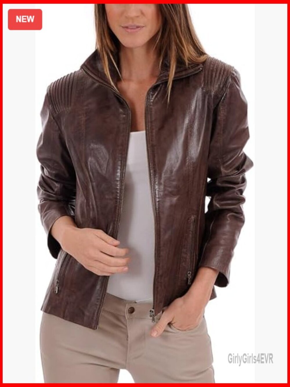 Genuine Lambskin Leather Biker Jacket with Quilted Shoulders